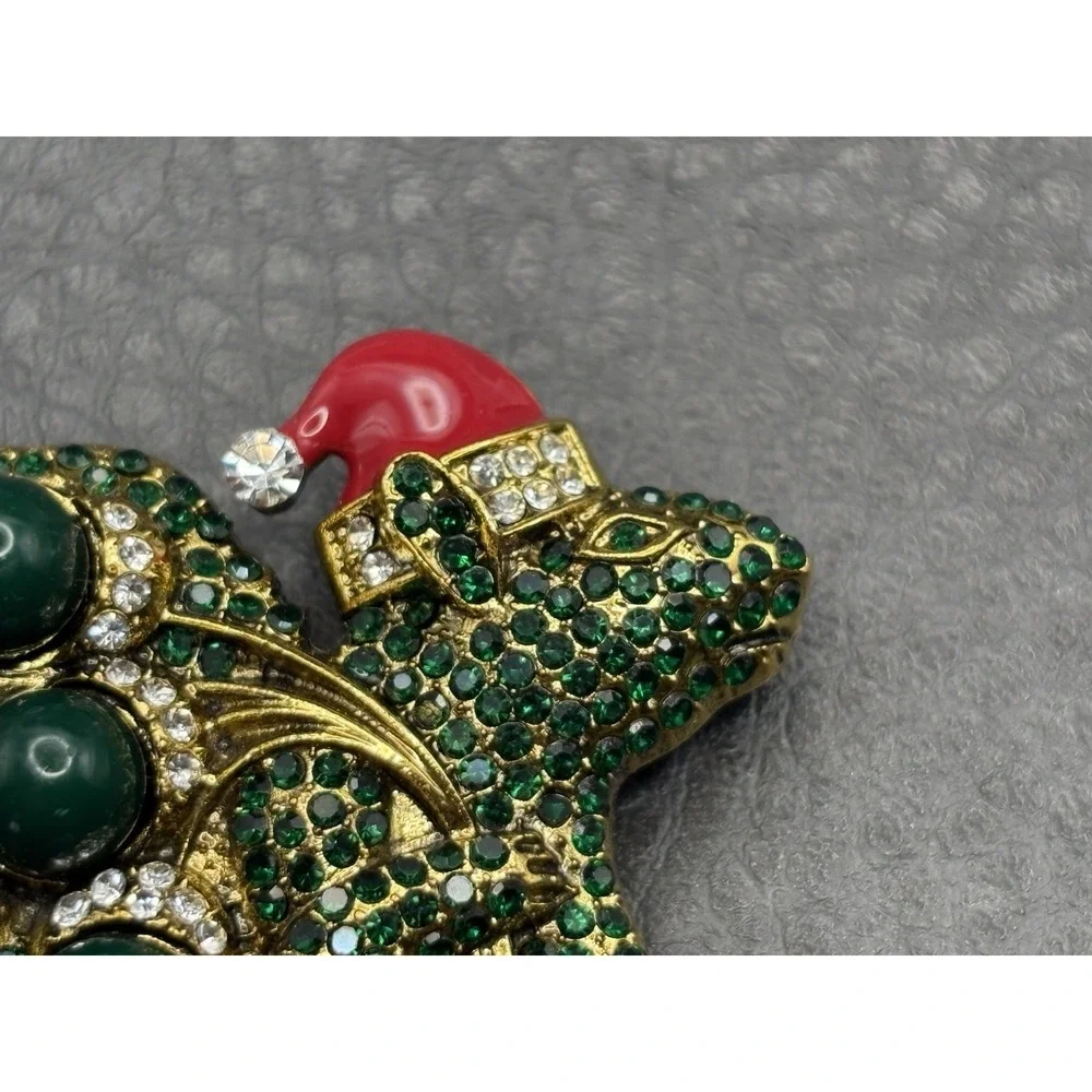 Christmas Mouse Santa Brooch Green Rhinestone Red Enamel Hat Gold Tone